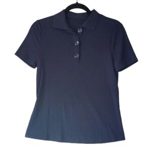 JNSQ Button Front Collar Neck Solid Navy Tee Size 4 NWT‎